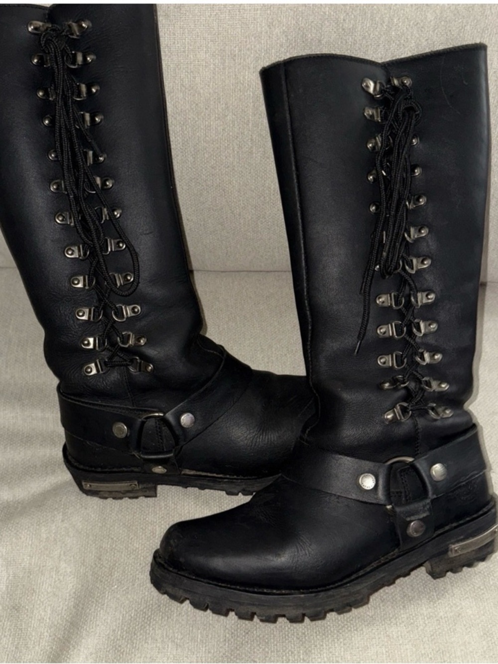 Women's Milwaukee Harnes 16" Tall Lace Zip Black Leather Motorcycle Boots Size 8